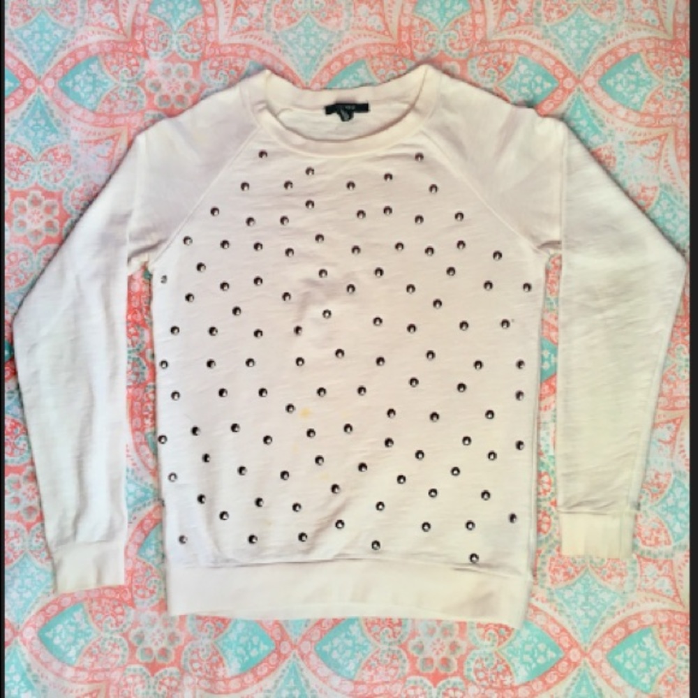WHITE STUDDED LONG SLEEVE CREW NECK SWEATSHIRT
